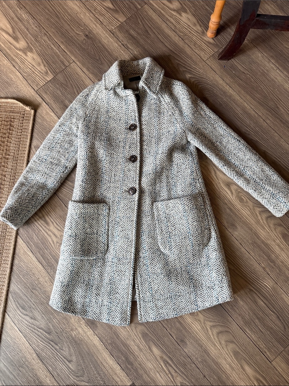 Style Benetton Wool Blend Herringbone Coat Women’s US 6 Green Blue Tweed Jacket
